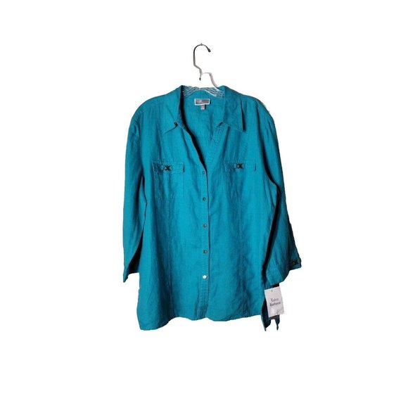 JM Collection Top Womens 16 Linen Button Up Gold Hardware Pockets Teal - Picture 1 of 15